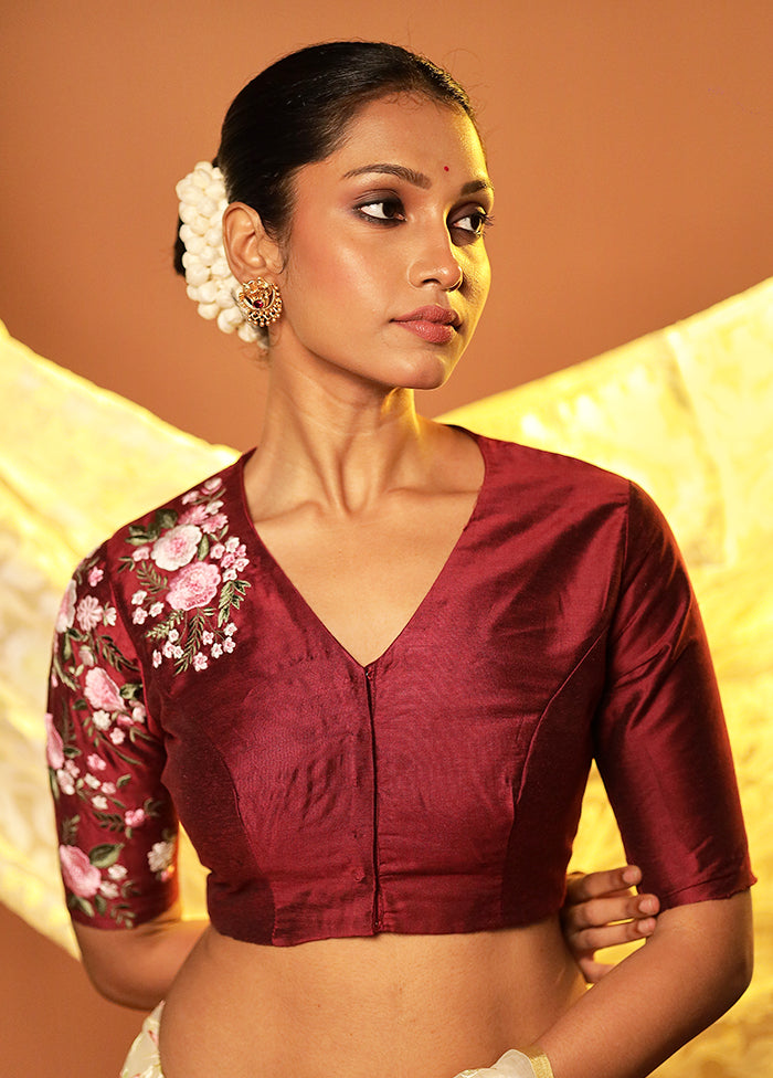 Maroon V Neck Designer Blouse Piece