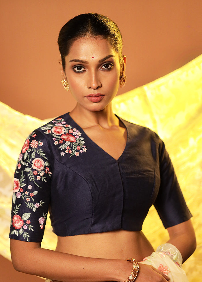 Navy Blue V Neck Designer Blouse Piece