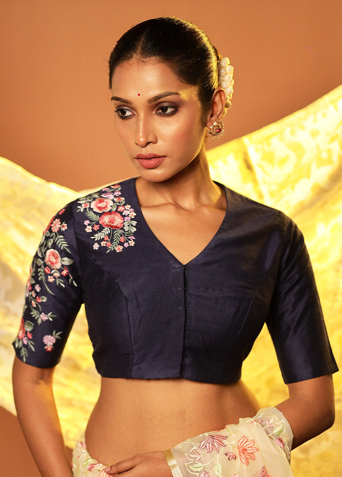 Navy Blue V Neck Designer Blouse Piece