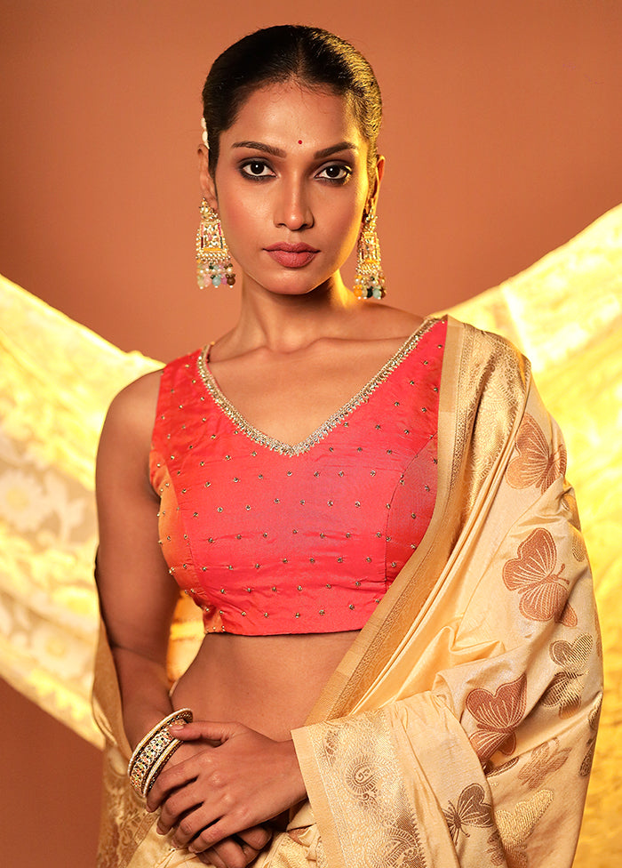 Orange V Neck Designer Blouse Piece