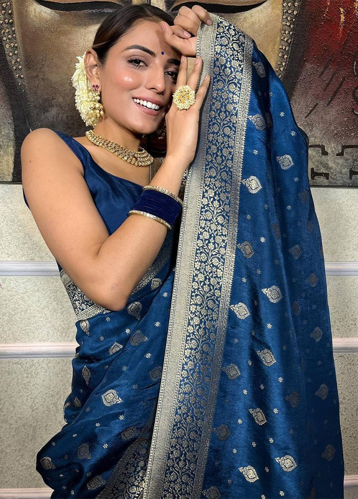 Blue Spun Silk Saree With Blouse Piece
