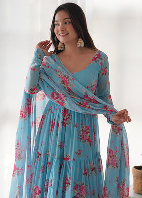 3 Pc Blue Readymade Georgette Suit Set - Indian Silk House Agencies