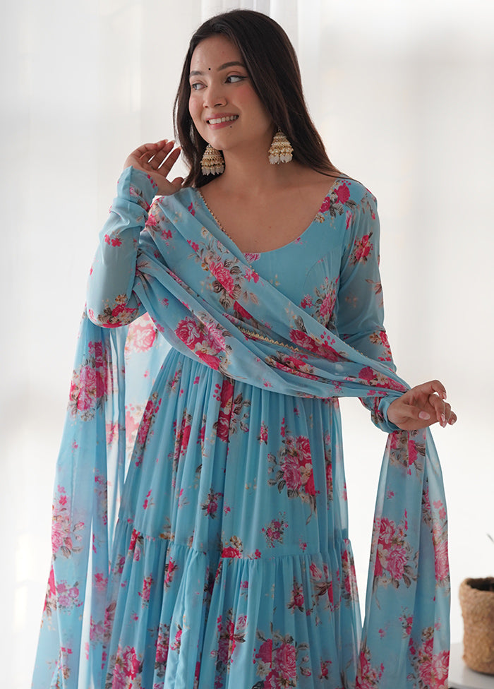 3 Pc Blue Readymade Georgette Suit Set - Indian Silk House Agencies