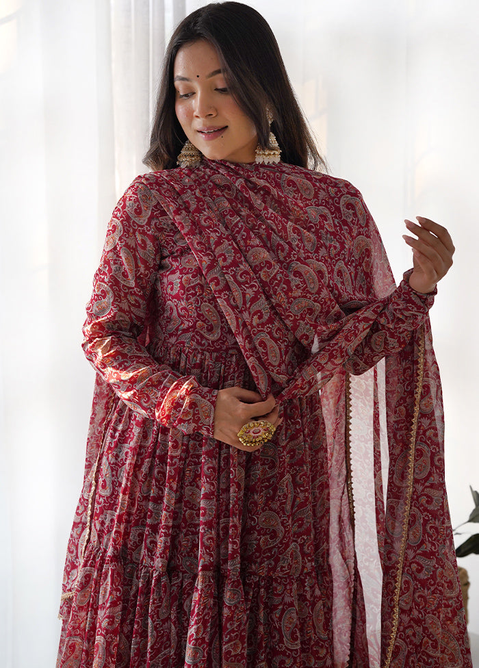 3 Pc Maroon Pure Readymade Georgette Suit Set - Indian Silk House Agencies