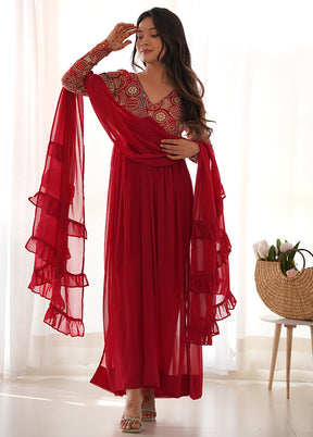 3 Pc Red Pure Readymade Georgette Suit Set - Indian Silk House Agencies