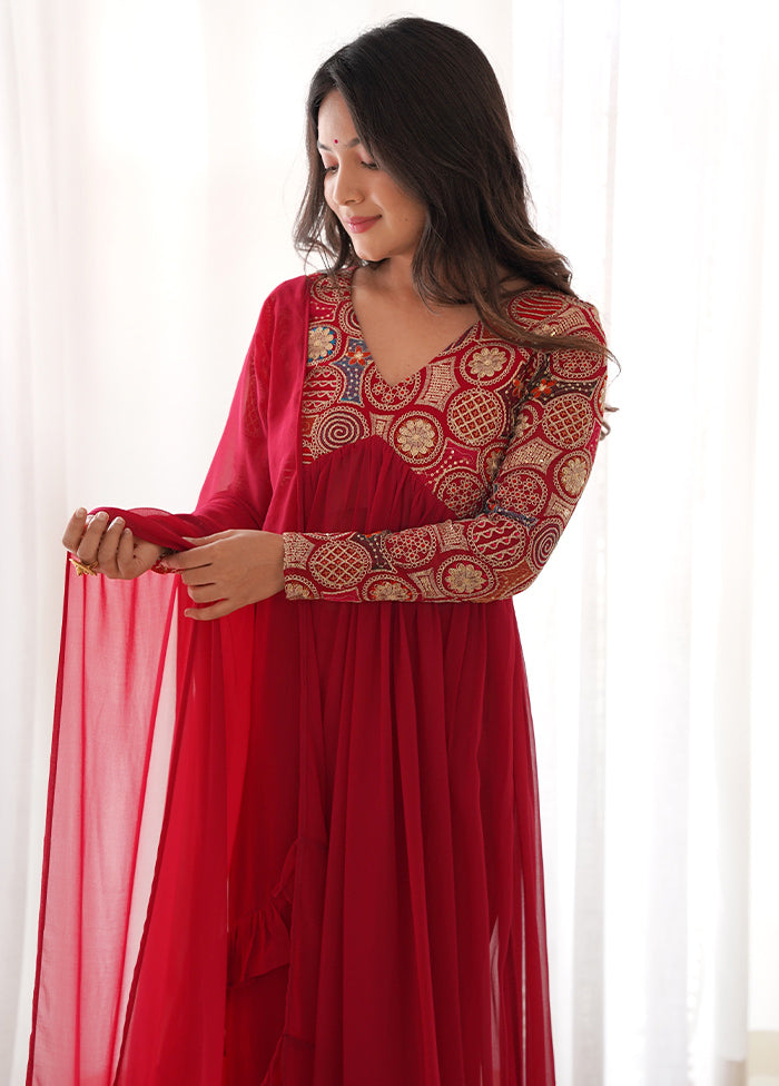 3 Pc Red Pure Readymade Georgette Suit Set - Indian Silk House Agencies