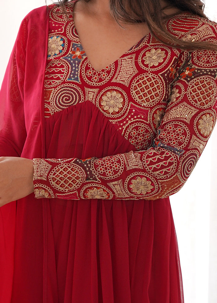 3 Pc Red Pure Readymade Georgette Suit Set - Indian Silk House Agencies