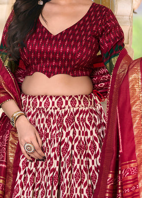 3 Pc Red Silk Semi Stitched Lehenga Set