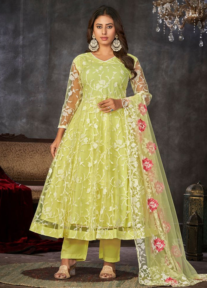 3 Pc Yellow Semi Stitched Net Suit Set