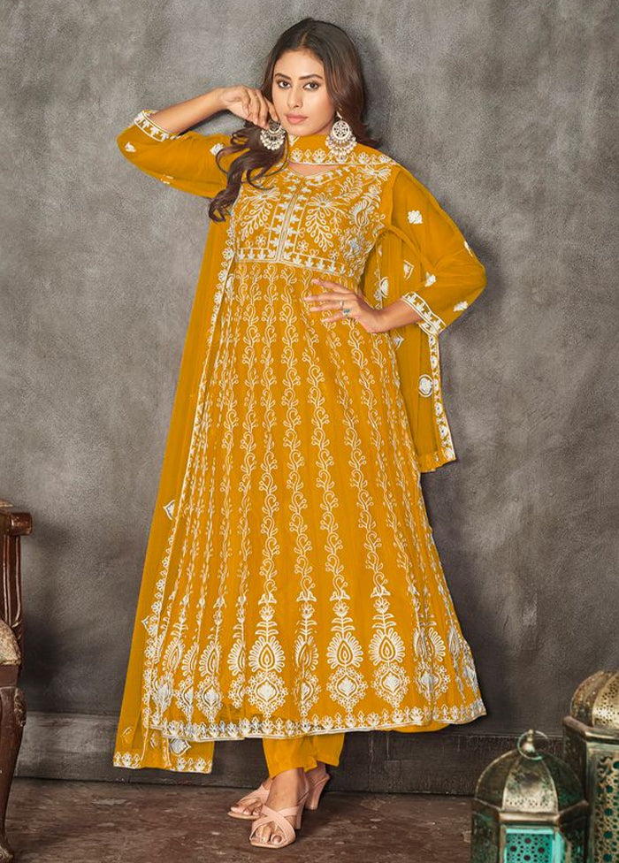 3 Pc Mustard Semi Stitched Net Suit Set