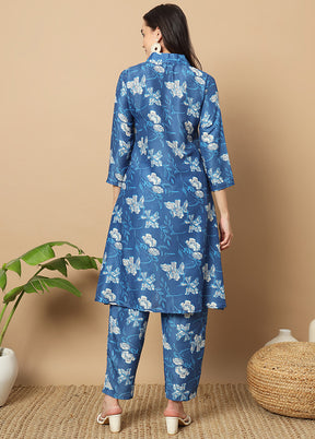 2 Pc Navy Blue Readymade Silk Coord Set