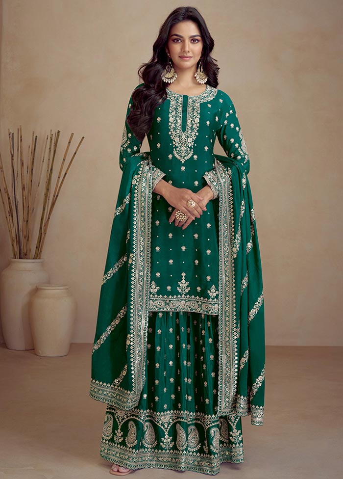 3 Pc Teal Green Semi Stitched Silk Suit Set