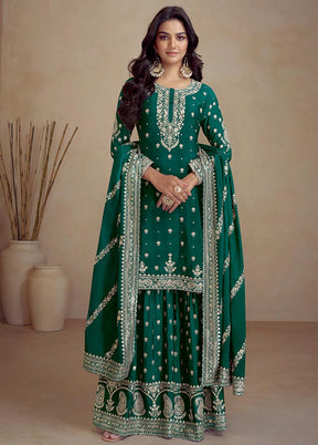 3 Pc Teal Green Semi Stitched Silk Suit Set