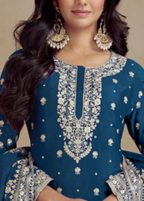 3 Pc Teal Blue Semi Stitched Silk Suit Set