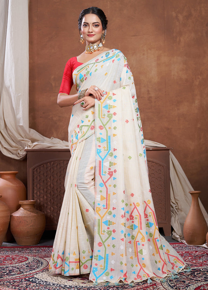 Cream Tant Cotton Saree With Blouse Piece