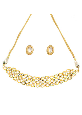 Golden Kundan Work Copper And Alloy Necklace With Earrings - Indian Silk House Agencies