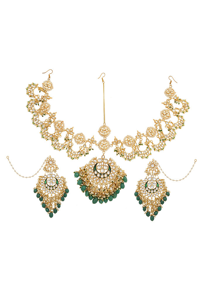 Green Kundan Work Copper And Alloy Mathapatti With Earrings - Indian Silk House Agencies