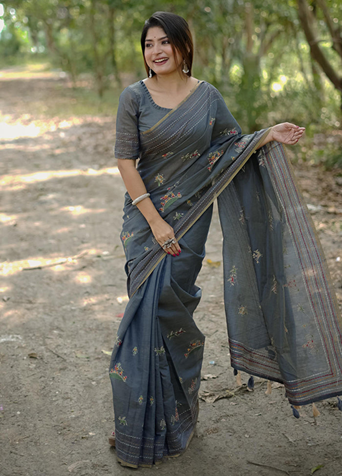 Grey Spun Silk Saree With Blouse Piece