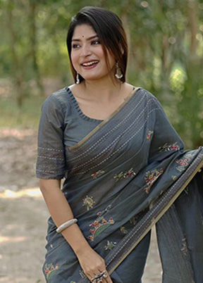 Grey Spun Silk Saree With Blouse Piece