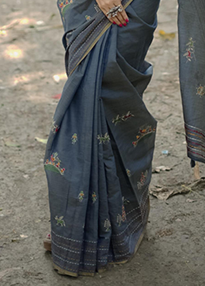 Grey Spun Silk Saree With Blouse Piece