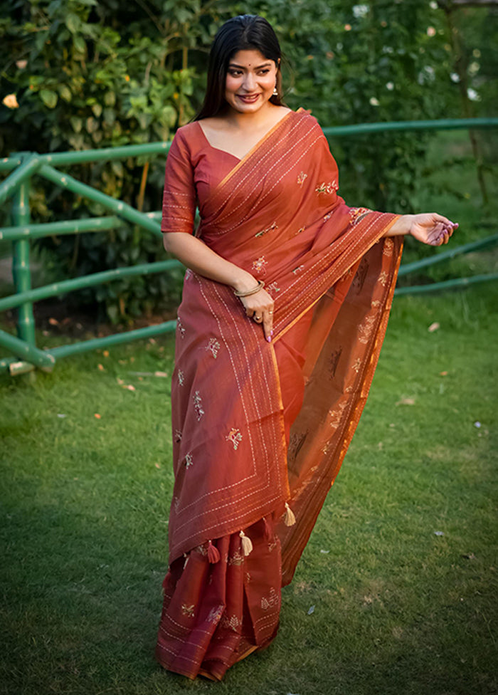 Orange Spun Silk Saree With Blouse Piece