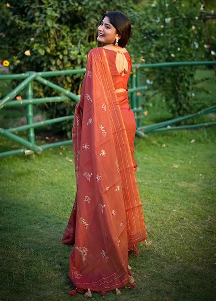 Orange Spun Silk Saree With Blouse Piece