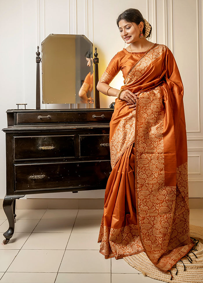 Orange Spun Silk Saree With Blouse Piece
