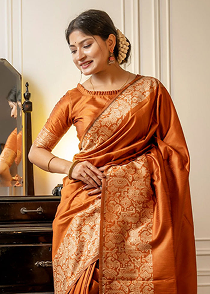 Orange Spun Silk Saree With Blouse Piece