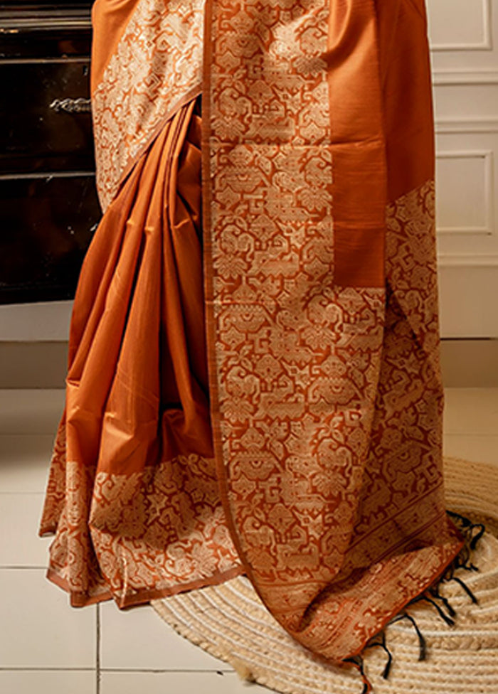 Orange Spun Silk Saree With Blouse Piece