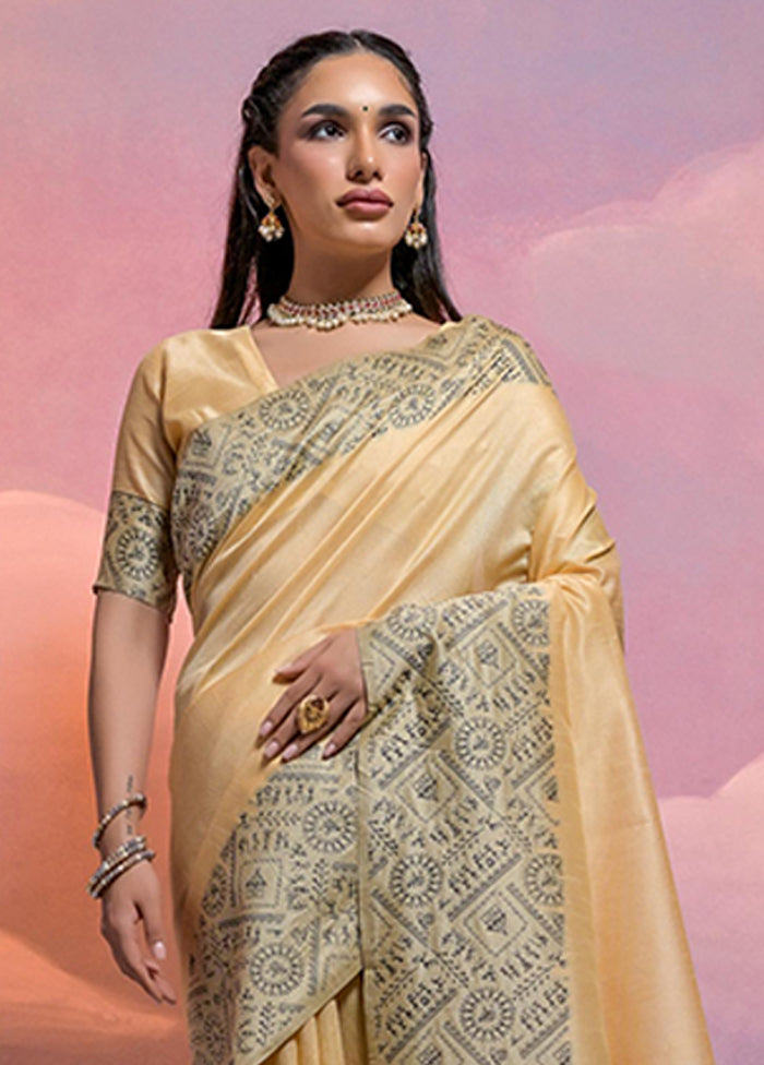 Cream Spun Silk Saree With Blouse Piece