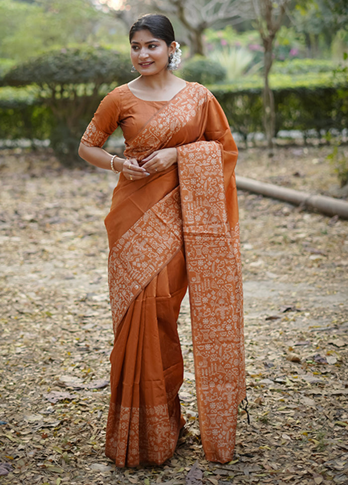 Orange Spun Silk Saree With Blouse Piece