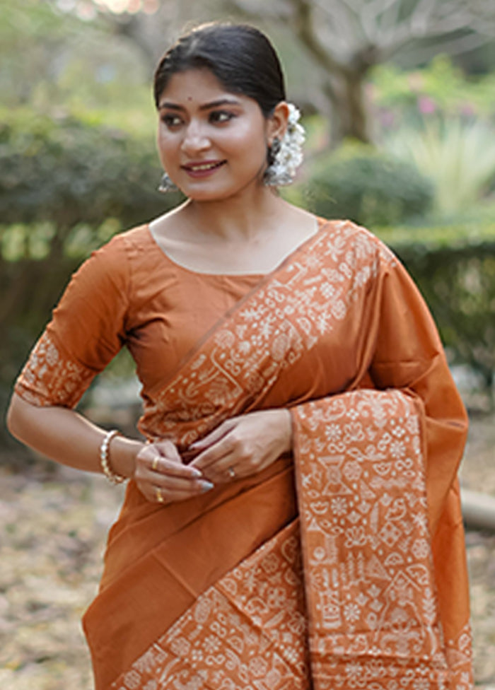 Orange Spun Silk Saree With Blouse Piece