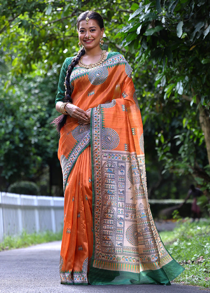 Orange Spun Silk Saree With Blouse Piece