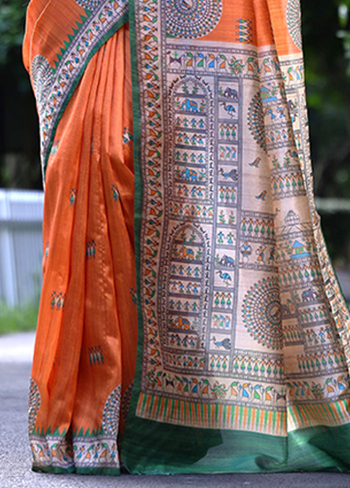 Orange Spun Silk Saree With Blouse Piece