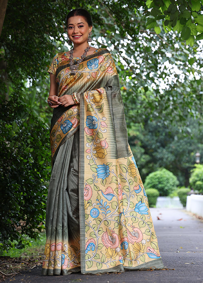 Grey Spun Silk Saree With Blouse Piece