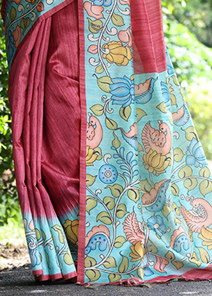Maroon Spun Silk Saree With Blouse Piece