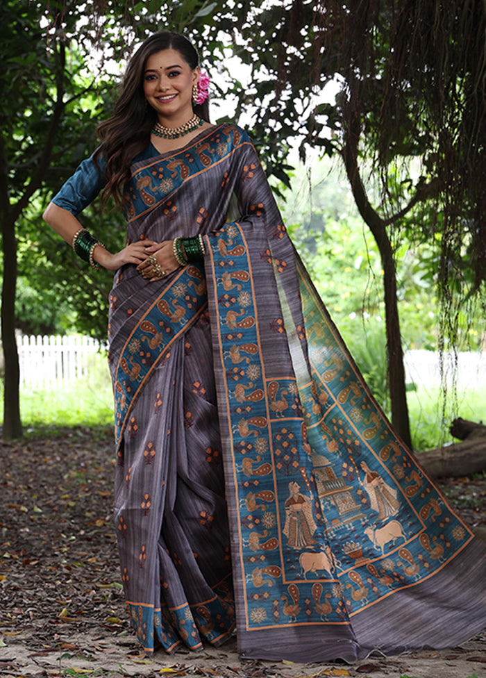 Grey Spun Silk Saree With Blouse Piece