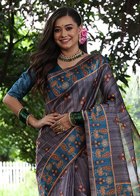 Grey Spun Silk Saree With Blouse Piece