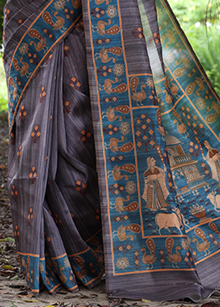 Grey Spun Silk Saree With Blouse Piece