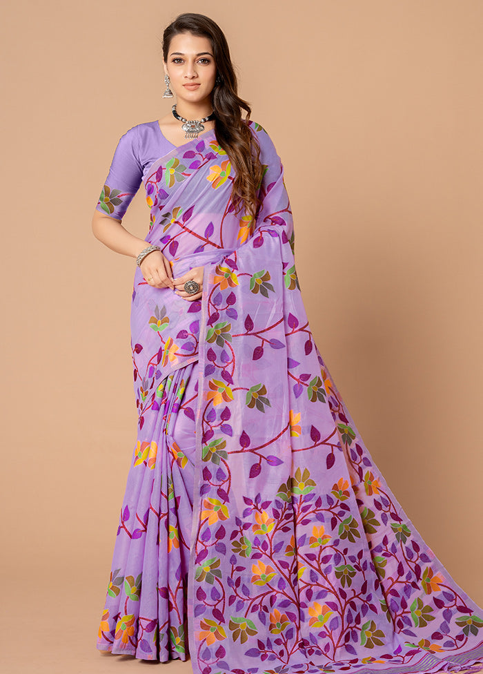 Lavender Cotton Saree With Blouse Piece - Indian Silk House Agencies