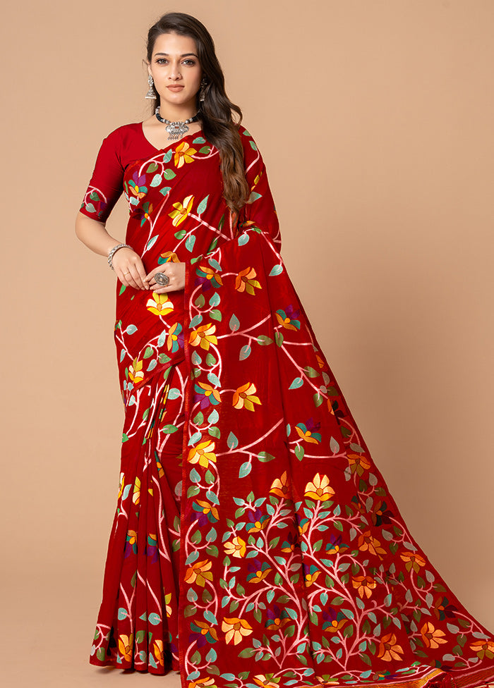 Red Cotton Saree With Blouse Piece - Indian Silk House Agencies