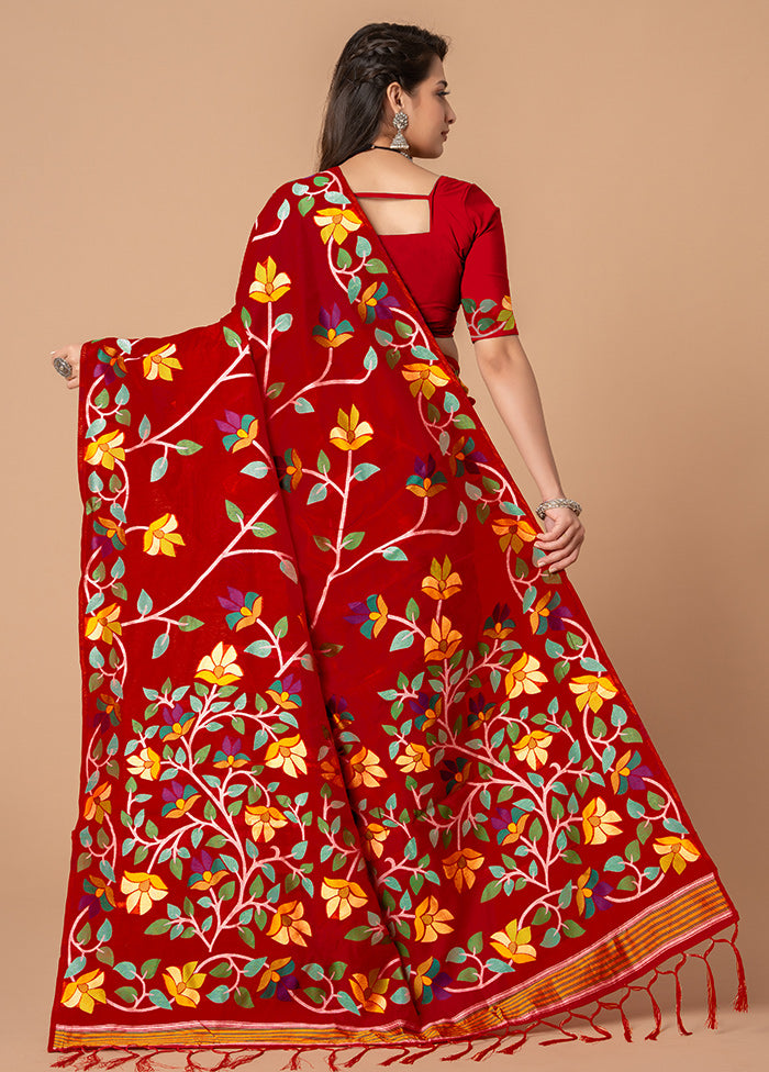 Red Cotton Saree With Blouse Piece - Indian Silk House Agencies