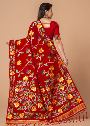 Red Cotton Saree With Blouse Piece - Indian Silk House Agencies