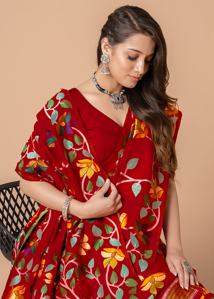 Red Cotton Saree With Blouse Piece - Indian Silk House Agencies