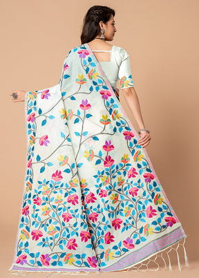 White Cotton Saree With Blouse Piece - Indian Silk House Agencies