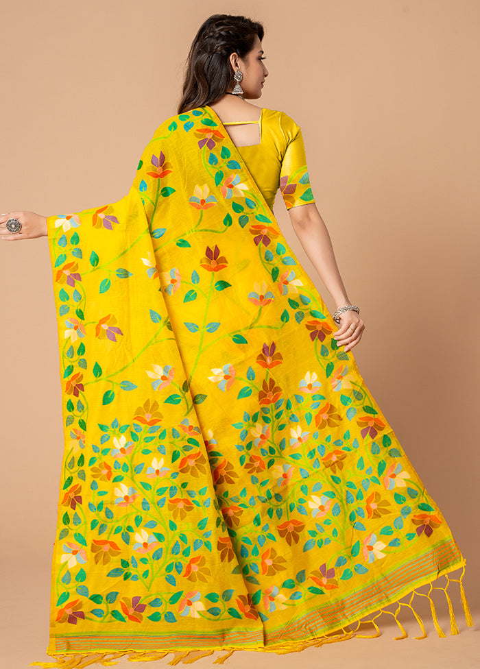Yellow Cotton Saree With Blouse Piece - Indian Silk House Agencies