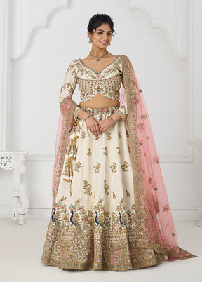 3 Pc White Silk Semi Stitched Lehenga Set