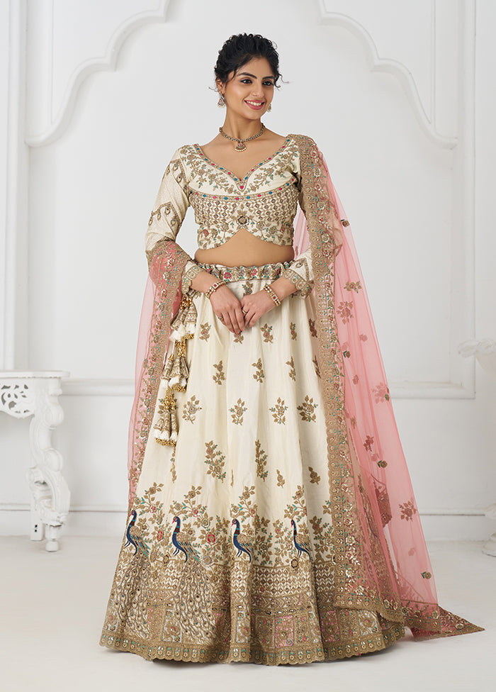 3 Pc White Silk Semi Stitched Lehenga Set