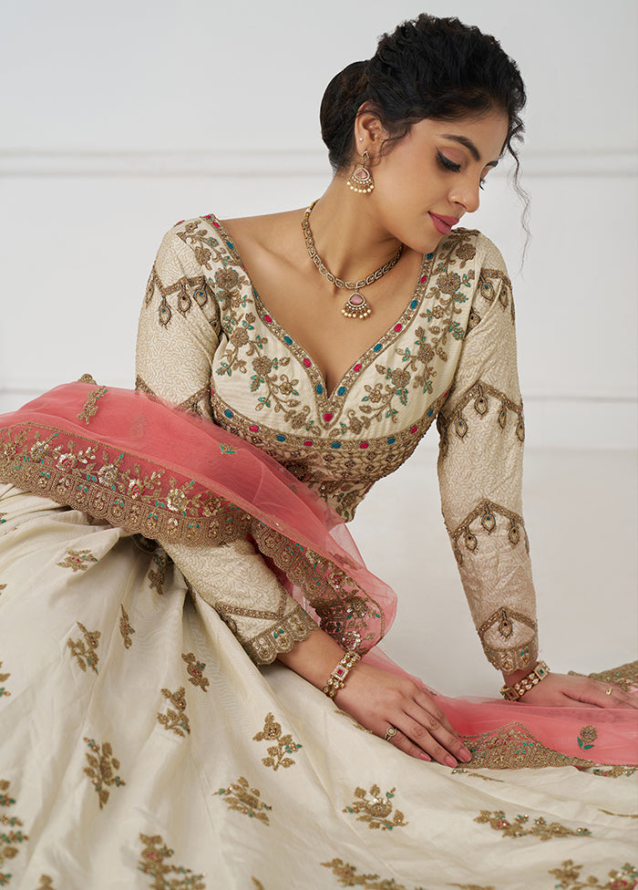 3 Pc White Silk Semi Stitched Lehenga Set