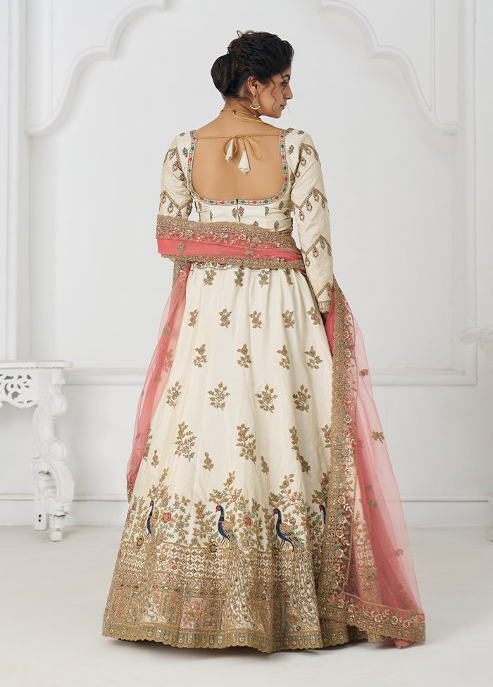 3 Pc White Silk Semi Stitched Lehenga Set